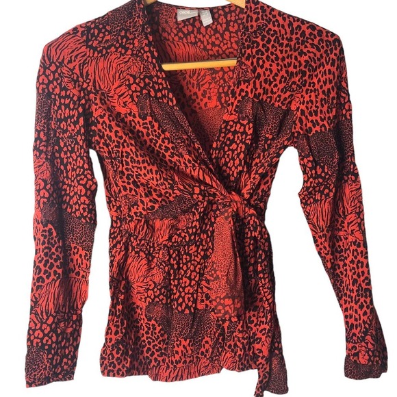 ASOS Design wrap long sleeve top Size 2 Red Animal  Tiger Print - Picture 1 of 12